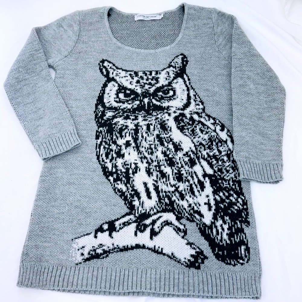 Cotton Emporium Scoop Neck Knit Owl Graphic Sweater Size Small Made in the USA - Picture 7 of 7
